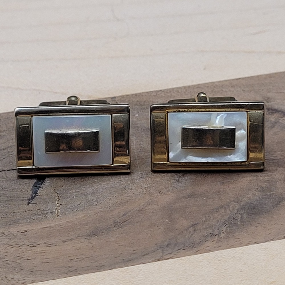 Vintage Anson Rectangular Mother of Pearl Gold Tone Cufflinks‎